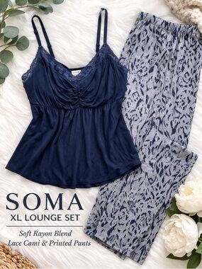 Soma XL Soft Lounge Set Navy Lace Cami & Printed Pants Stretch Pajamas